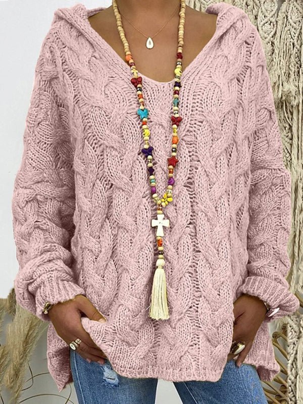 Women's long - sleeved hooded V - neck knitted loose pullover sweater (without necklace) - Style Chic Couture