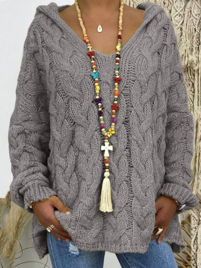 Women's long - sleeved hooded V - neck knitted loose pullover sweater (without necklace) - Style Chic Couture