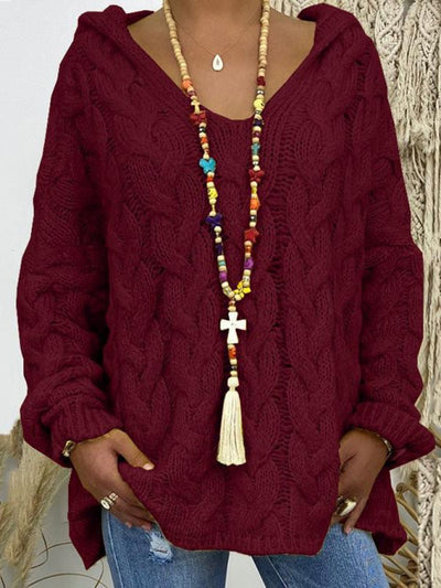 Women's long - sleeved hooded V - neck knitted loose pullover sweater (without necklace) - Style Chic Couture