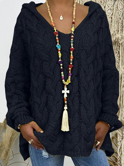 Women's long - sleeved hooded V - neck knitted loose pullover sweater (without necklace) - Style Chic Couture