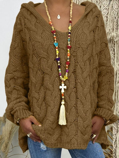 Women's long - sleeved hooded V - neck knitted loose pullover sweater (without necklace) - Style Chic Couture