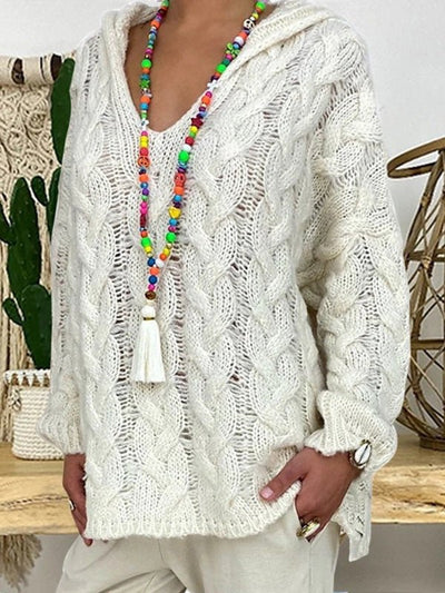 Women's long - sleeved hooded V - neck knitted loose pullover sweater (without necklace) - Style Chic Couture