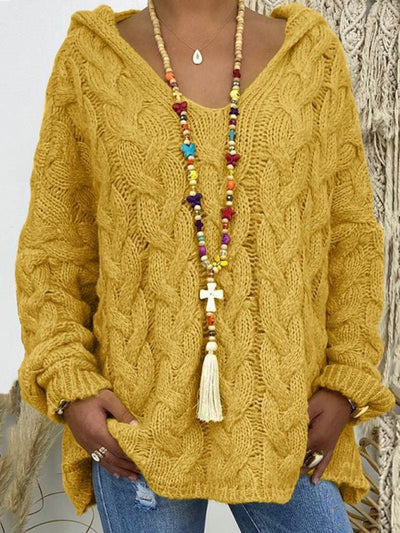 Women's long - sleeved hooded V - neck knitted loose pullover sweater (without necklace) - Style Chic Couture