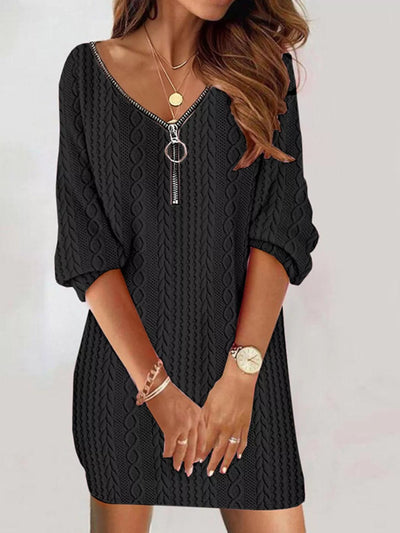 Zip Detail Textured Knit Mini Sweater - Style Chic Couture